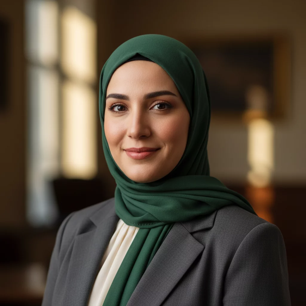 Professional Russian female portrait, hijab, business attire, neutral background